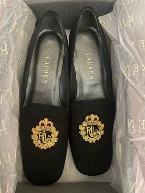 Lauren Ralph Lauren Black Flats with Gold Embroidered Crest